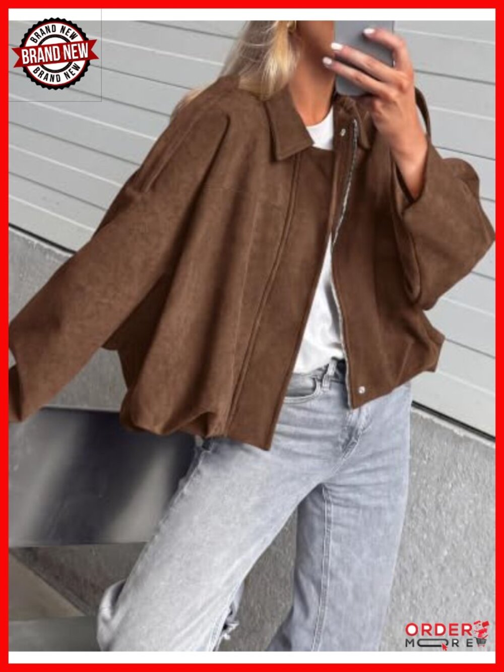 Faux Suede Cropped Bomber Jacket Batwing Sleeve Fall Casual - Picture 2 of 6
